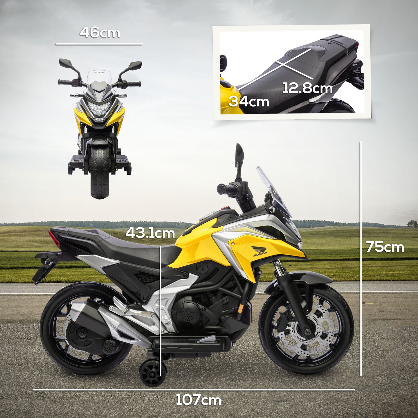 AIYAPLAY 12V Honda Licensed Kids Electric Motorbike w/ Music, Headlights, Early Education Function, for 3-6 Years - Yellow