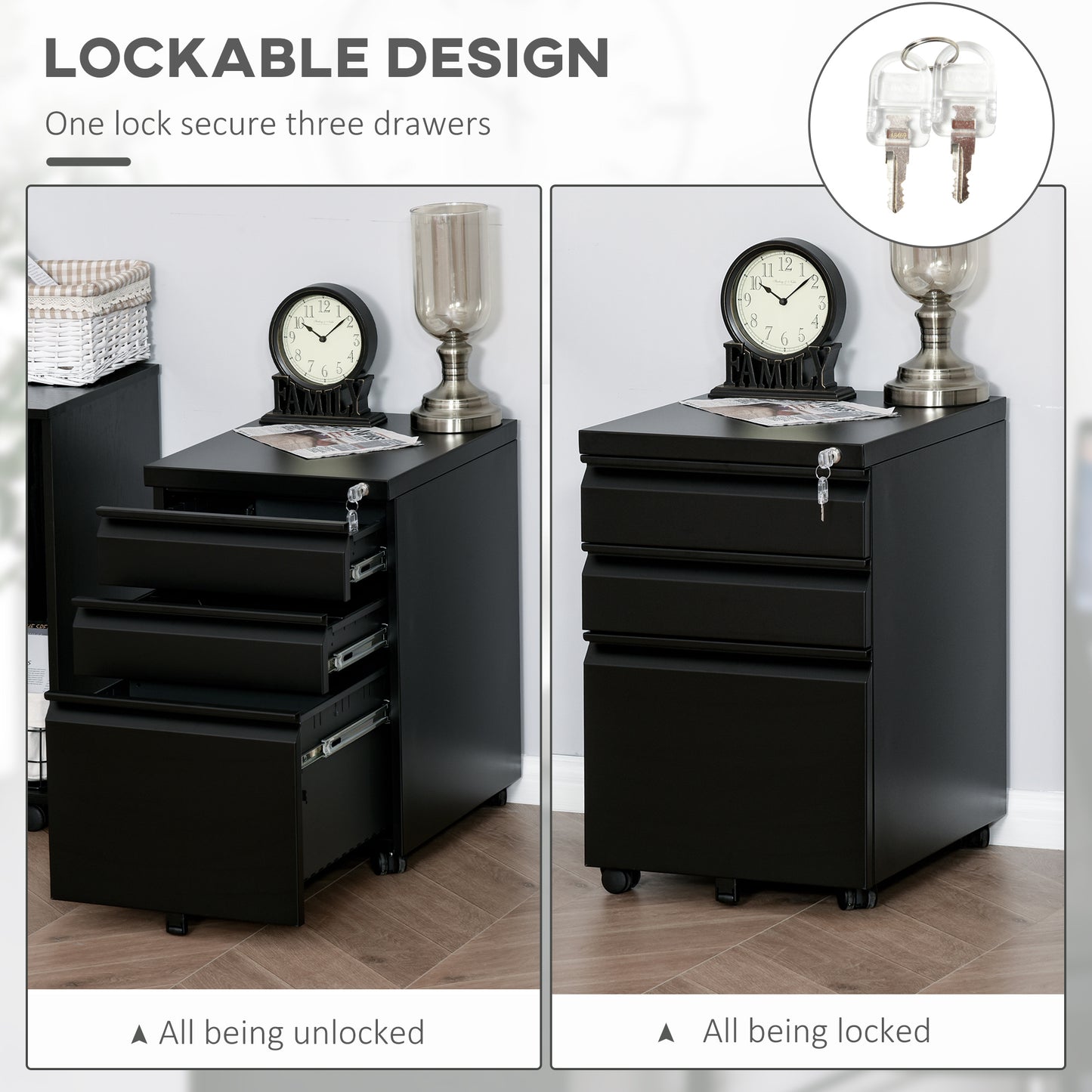 Vinsetto Mobile Vertical File Cabinet Lockable Metal Filling Cabinet with 3 Drawers Anti-tilt Design for Letter A4 Legal Size Fully Assembled Except Casters Black