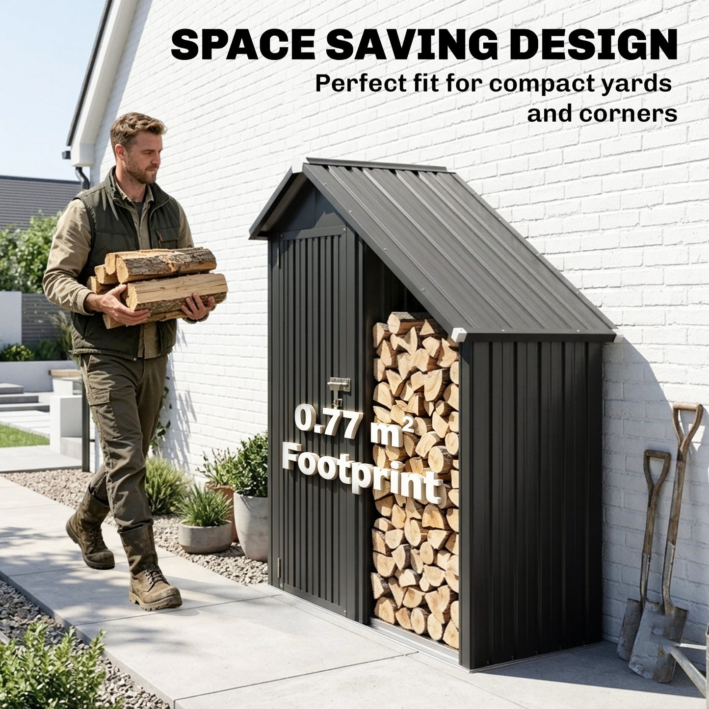 Outsunny 2 in 1 Galvanised Steel Firewood Shed, Outdoor Log Storage Shed with Tool Cabinet and Firewood Rack, Dark Grey