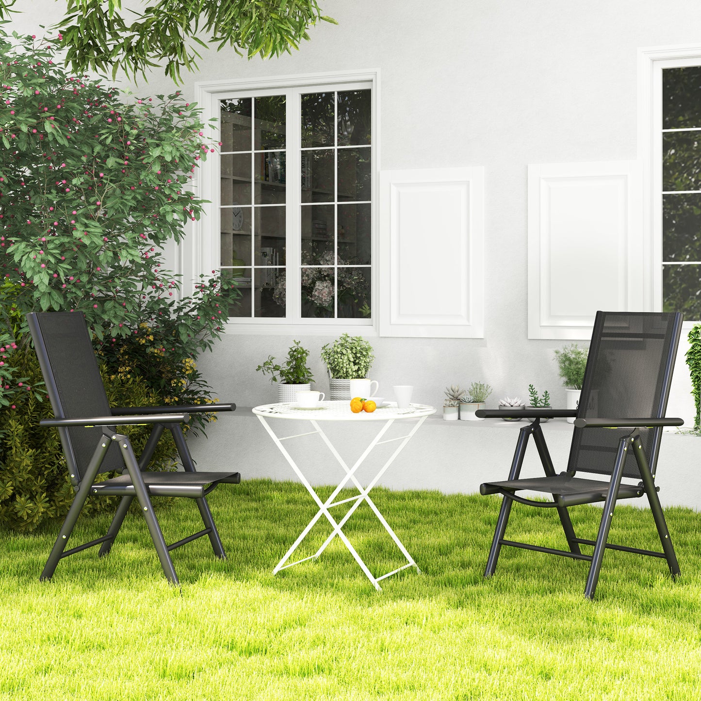 Outsunny Set of 2 Folding Aluminium Camping Chairs, Mesh Back & Seat, with Armrests for Patio, Black