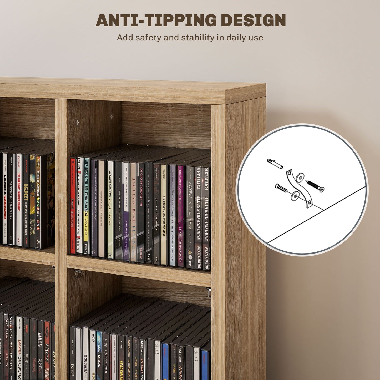HOMCOM CD Storage Unit with Adjustable Shelves, 89 x 130.5 cm, Natural Wood Finish