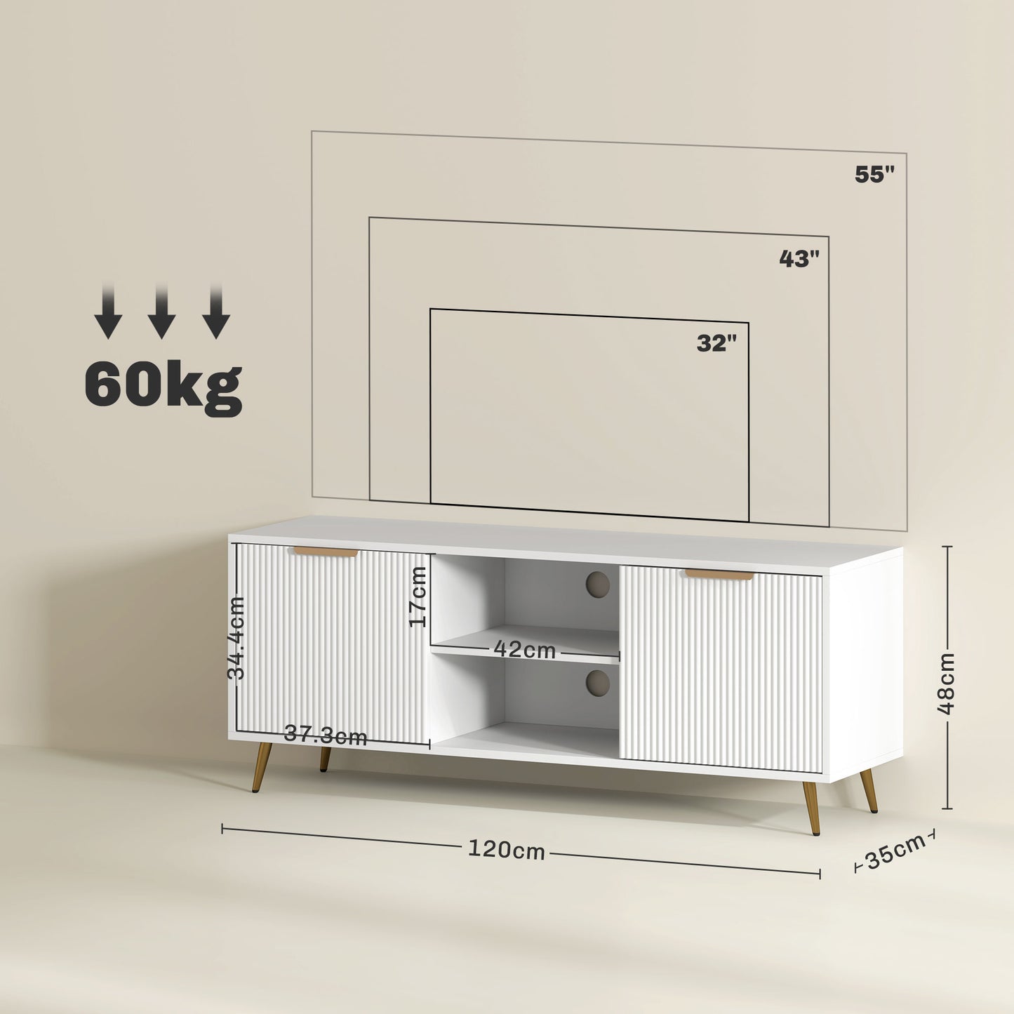 HOMCOM Modern TV Stand, 2 Open Shelves & 2 Cabinets for TVs up to 55", White