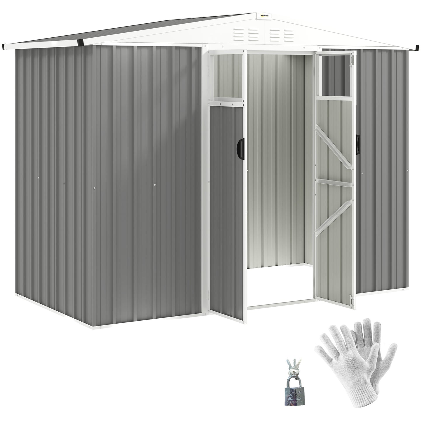 Outsunny Metal Garden Shed, 8 x 4 ft Storage Shed with Window, Vents, Lockable Door, Waterproof Steel Tool Storage, Light Grey