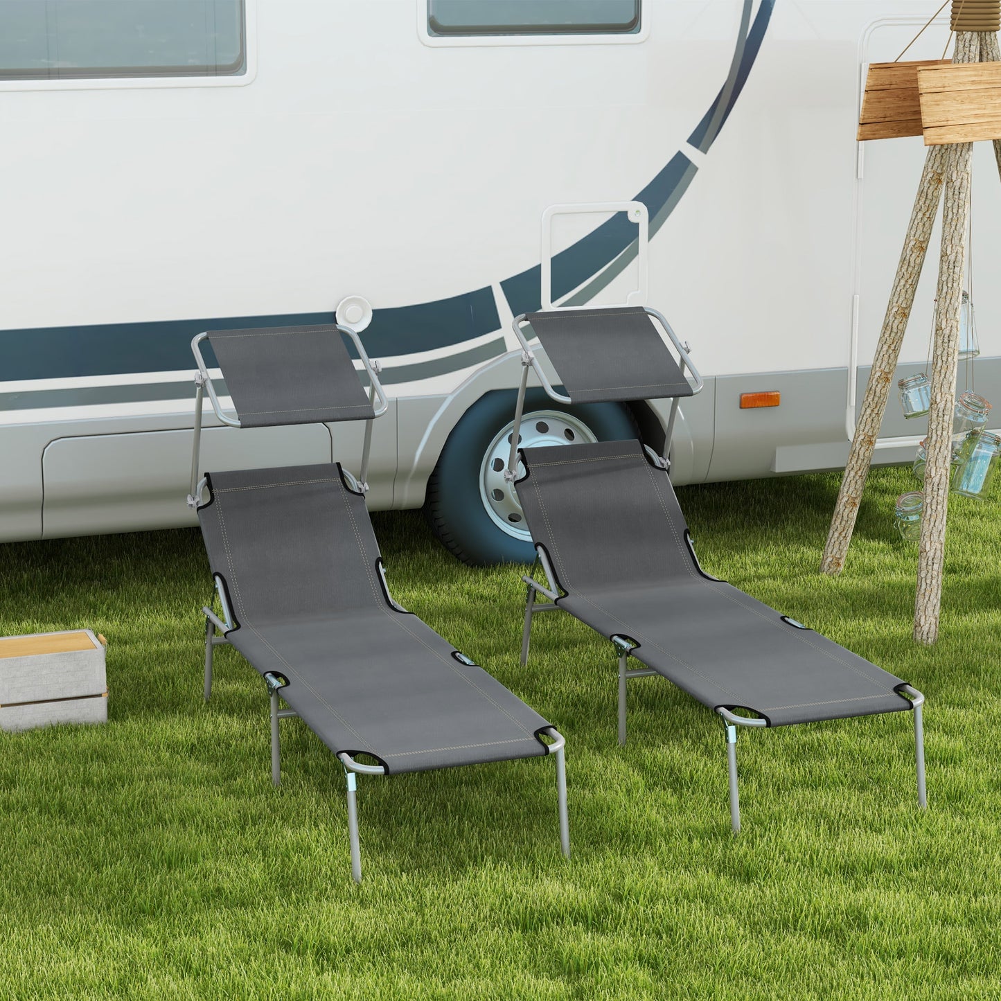 Outsunny 2-Piece Foldable Sun Lounger Set with Shade - Grey
