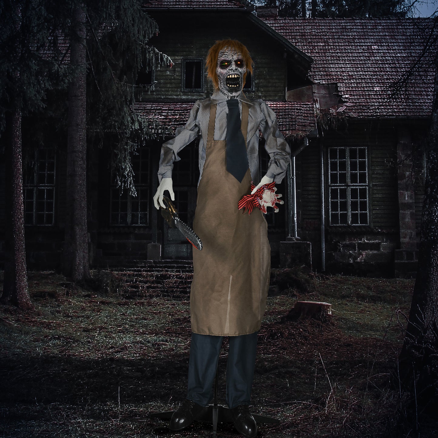 HOMCOM 5.5ft Life Size Animatronic Chainsaw Killer, Sound & Motion Activated Halloween Prop, Light Up Eyes, Posable Arms, Moving Body - Outdoor