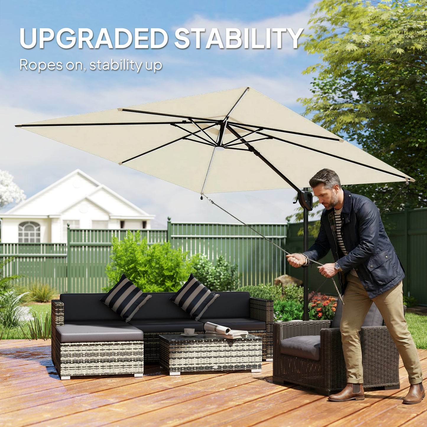 Outsunny 3 x 3 m Garden Cantilever Parasol w/ Light, Cover, UPF50+ Patio Umbrella w/ Wind Protection, 360° Rotation, Cream White