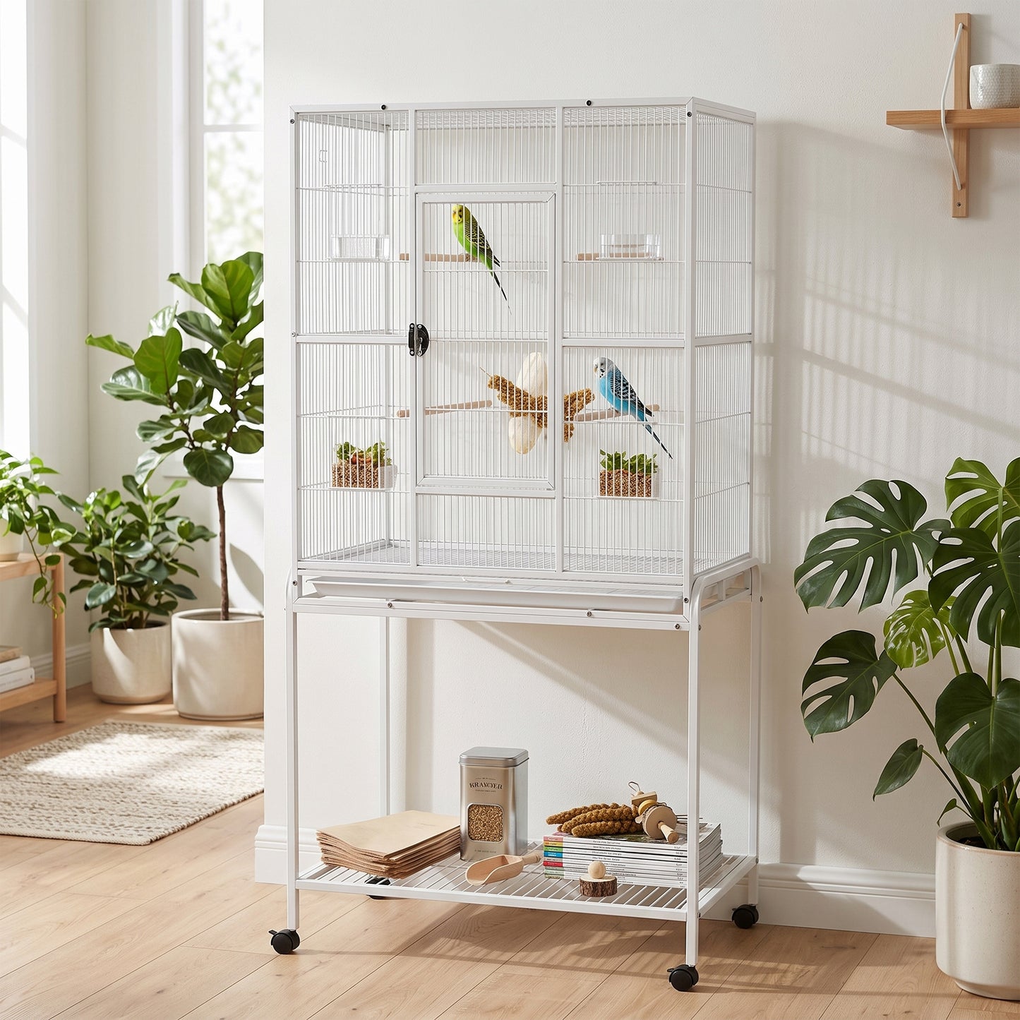 PawHut Large Bird Cage Budgie Cage with Stand, Storage Shelf, Wood Perch for Parrot, 81 x 48 x 162.5 cm, White
