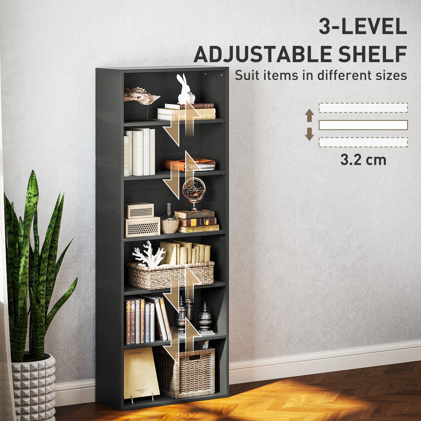HOMCOM 6 Tier Bookshelf, Freestanding Bookcase with Adjustable Shelves, Storage Unit for Living Room, Bedroom, Study, Black
