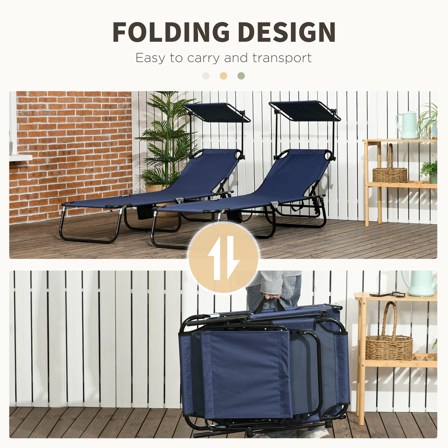 Outsunny 2 Piece Folding Sun Loungers, Adjustable Garden Recliner Chairs with Canopy, Dark Blue