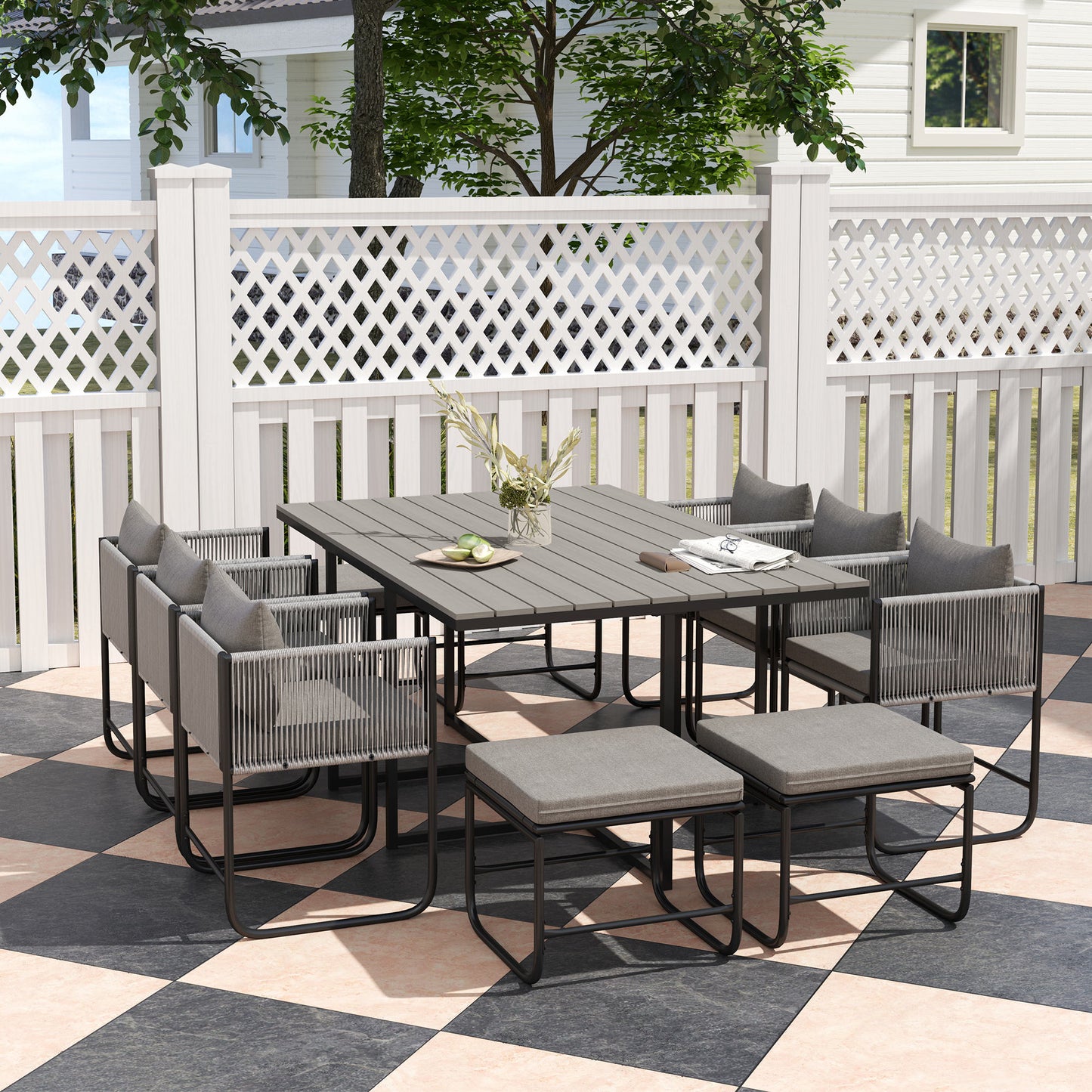 Outsunny Rattan Cube Garden Dining Set, 10 Seater with Cushions, 6 Armchairs, 4 Stools, Rectangular Table, Wood Grain Top, Grey