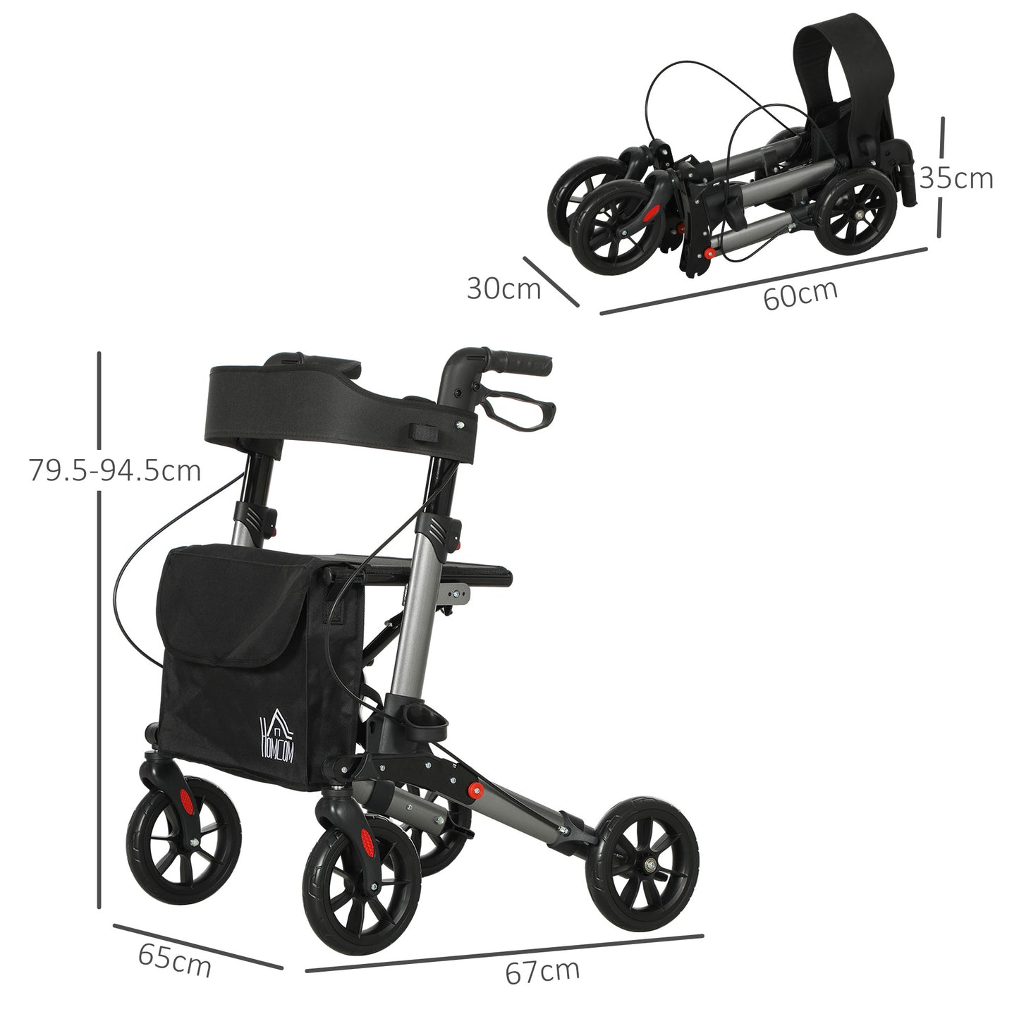 HOMCOM 4-Wheel Rollator with Seat, Backrest, Carry Bag, Adjustable Height, Silver