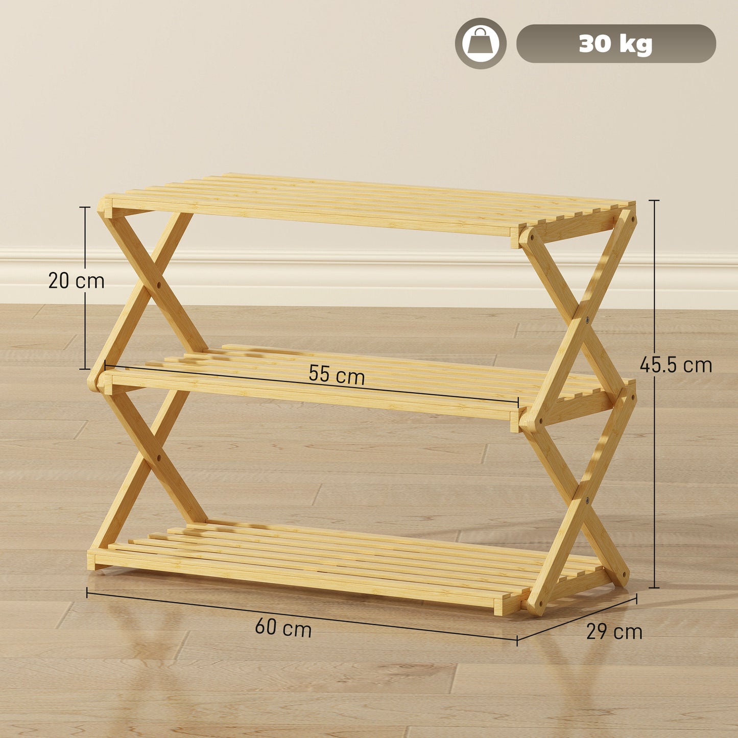 HOMCOM 3-Tier Bamboo Shoe Rack, No Assembly - Natural