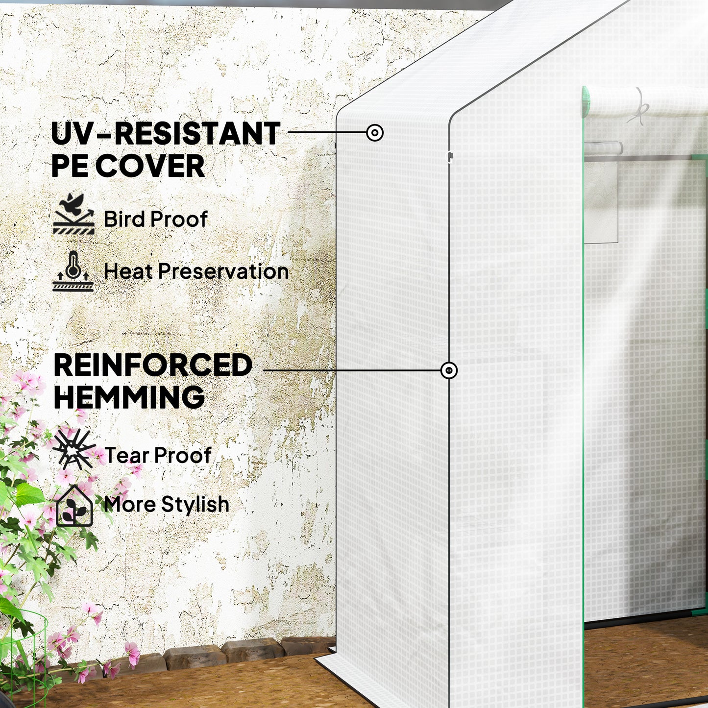 Outsunny Walk-in Greenhouse with 3 Tiers & 4 Shelves, Reinforced PE Cover, Roll-up Door, 143x74x190cm, White