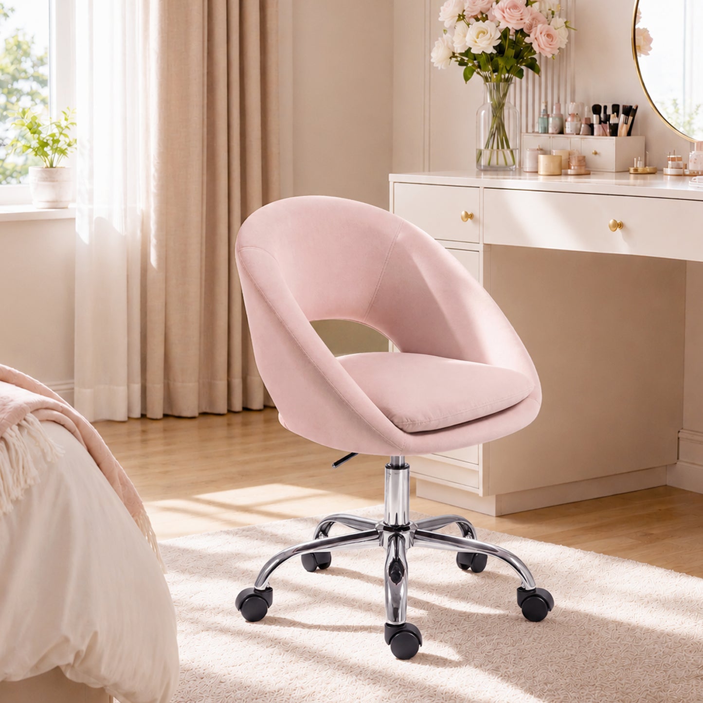 HOMCOM Velvet Desk Chair, Modern Office Chair with Height-Adjustable, Wheels, for Home Study Bedroom, Pink
