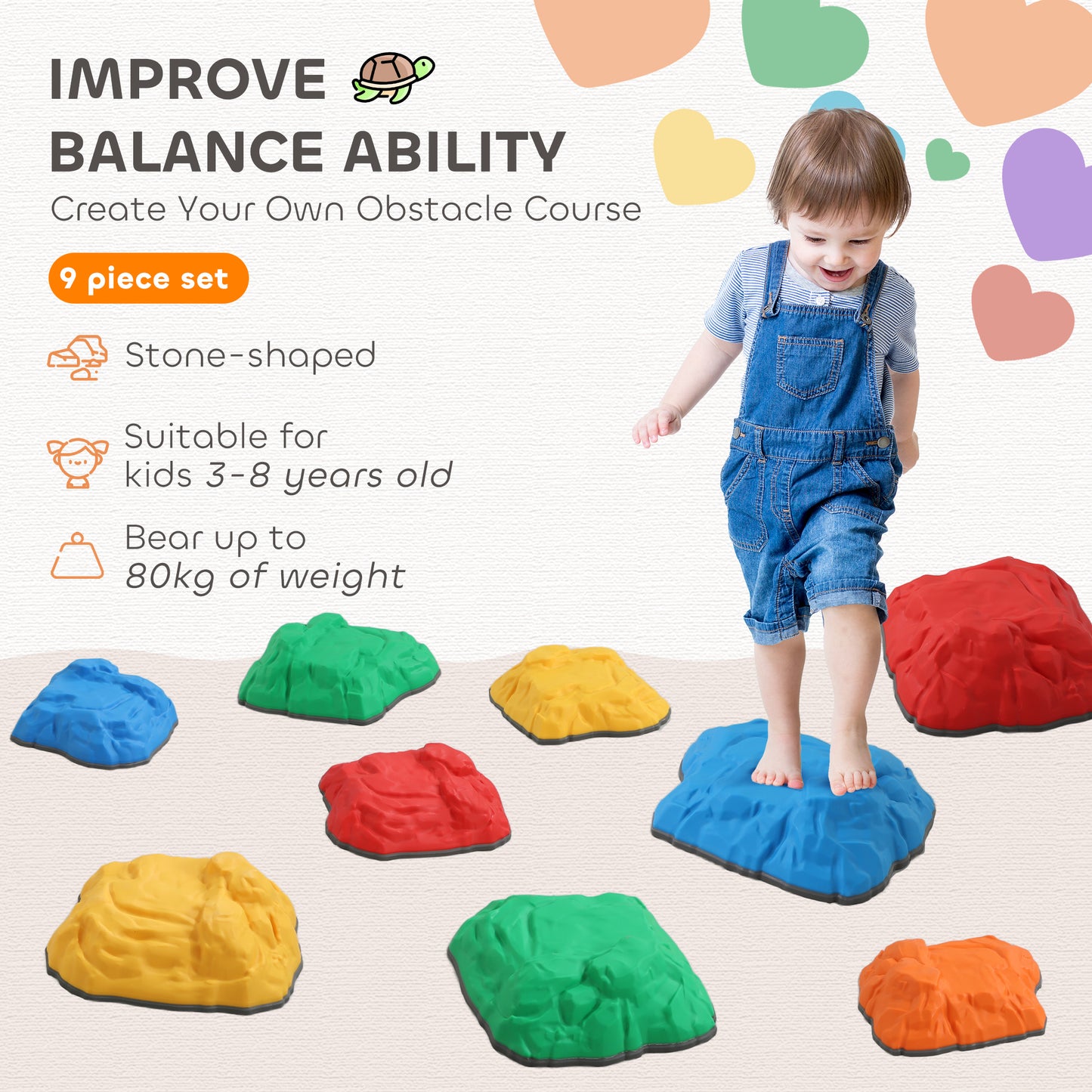 AIYAPLAY Balance Stepping Stones for Kids with Non-slip Bottom, Indoor Outdoor Obstacle Course for Ages 3-8 Years, 9 Multicoloured