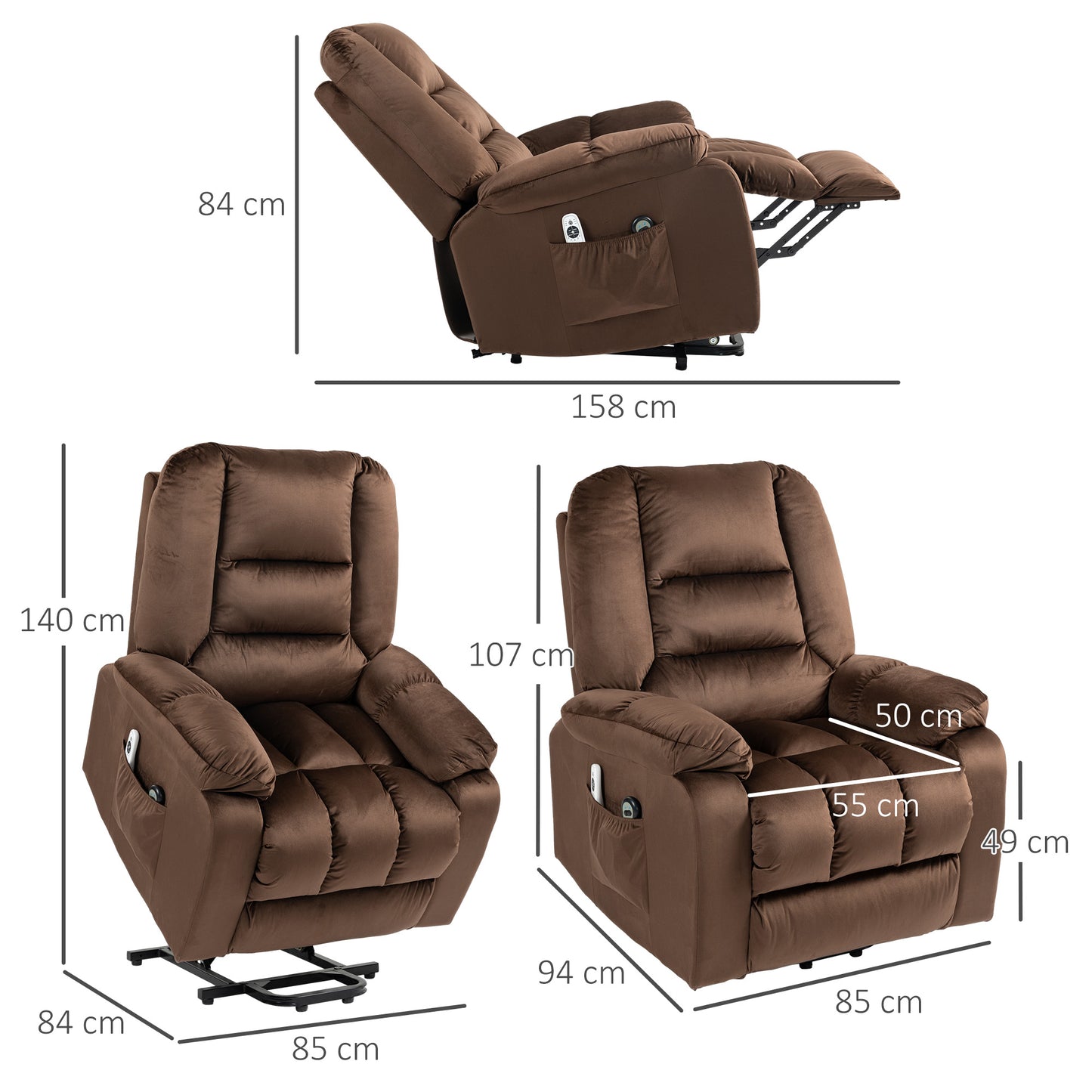 HOMCOM Lift Chair Quick Assembly Electric Riser and Recliner Chair with Vibration Massage Heat Side Pockets Brown