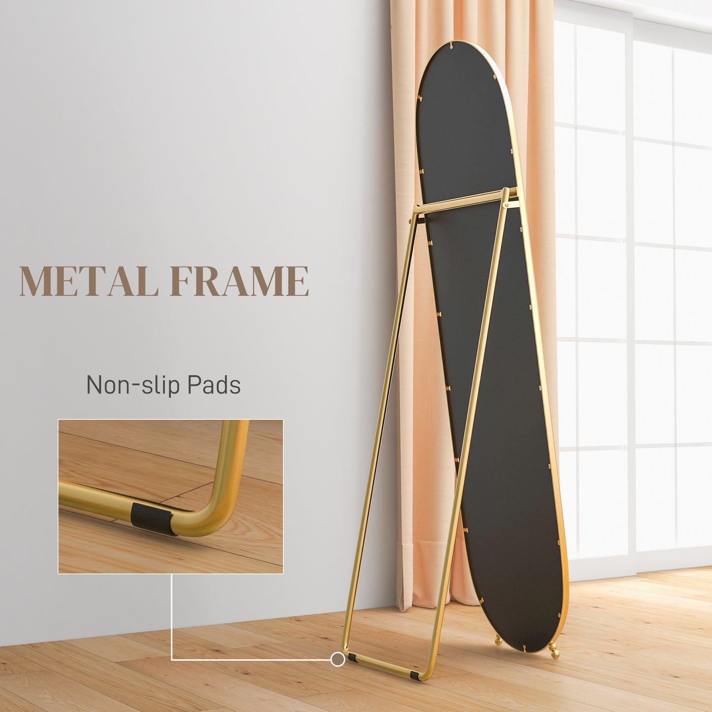 HOMCOM 40 x 160cm Full Length Mirror, Floor Standing, Wall-Mounted or Leaning Against Wall Tall Mirror with Support Frame, Oval Full Body Mirror for Bedroom, Living Room, Gold Tone