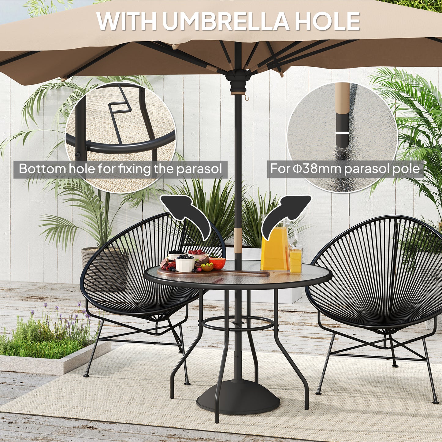 Outsunny 100 cm Round Dining Table with Parasol Hole, Outdoor Coffee End Side Table with Tempered Glass Top, Steel Frame for Garden, Black