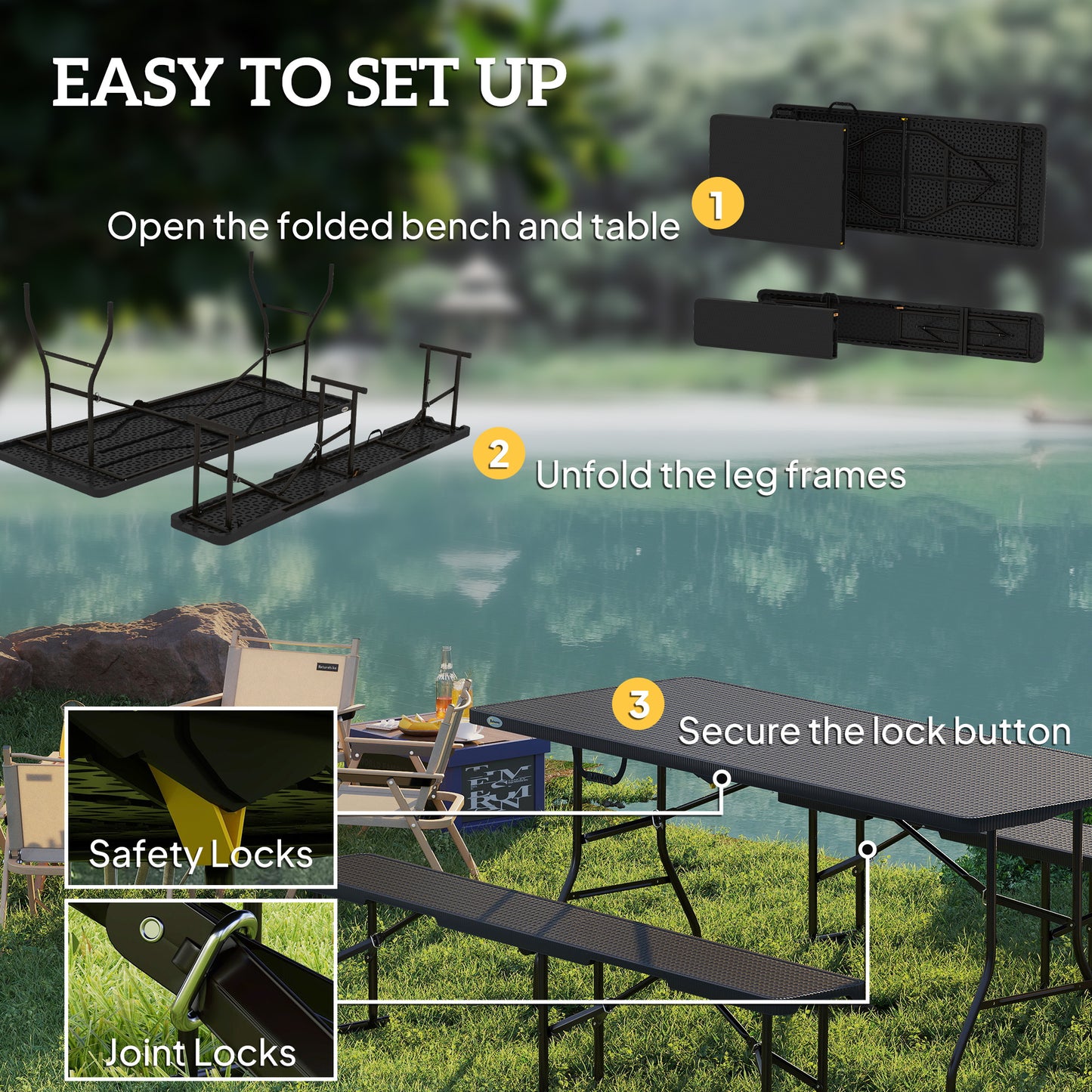 Outsunny Folding Picnic Table & Bench Set, Rattan Effect Portable Camping Table & Chairs with Handles, for Indoor/Outdoor, Black