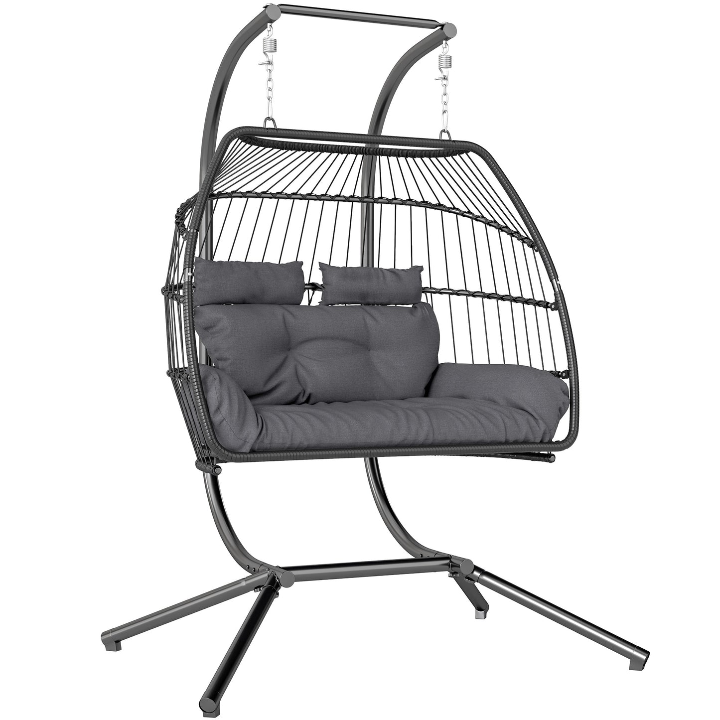 Outsunny Rattan Double Hanging Egg Chair with Stand, Foldable Wicker, Cushion & Head Pillows, 260 kg Capacity, Steel Frame, Indoor/Outdoor, Dark Grey
