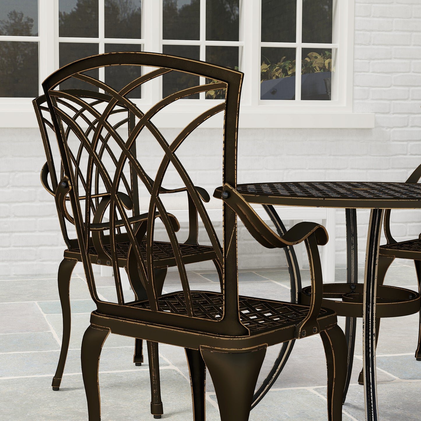 Outsunny 5 Piece Bronze Cast Aluminium Garden Dining Set, 4 Armchairs, Round Table with Parasol Hole