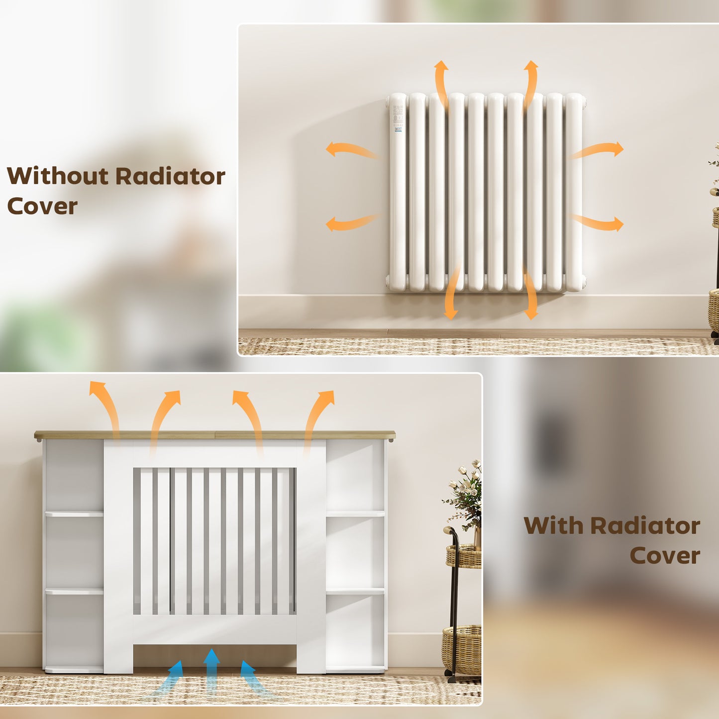 HOMCOM Radiator Cover with Open Storage Shelves, Vertical Slatted Cabinet Shelf for Living Room, Hallway, Medium, White (H: 83/W: 124/D: 19 cm)
