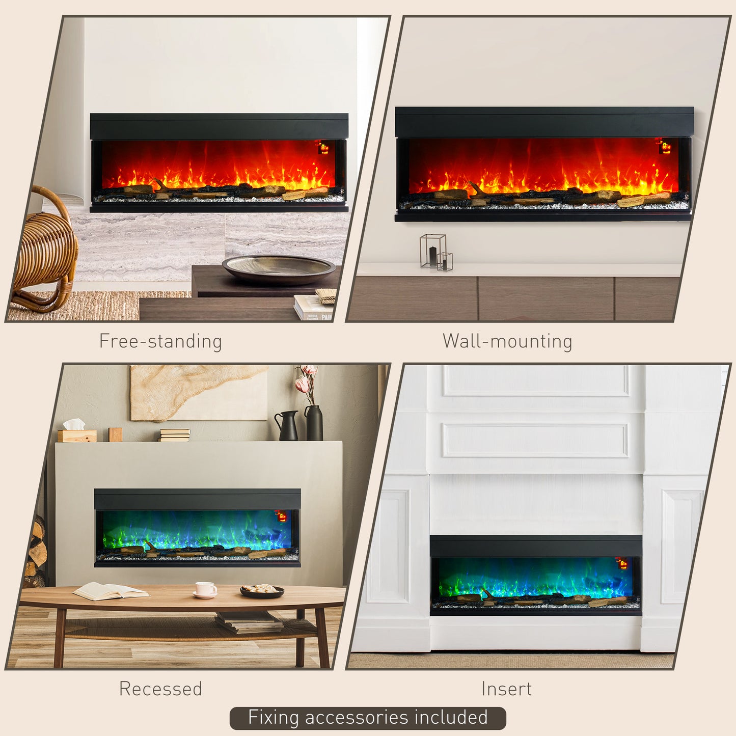 HOMCOM 60inch Media Electric Fireplace Wall Mounted 1800W Black