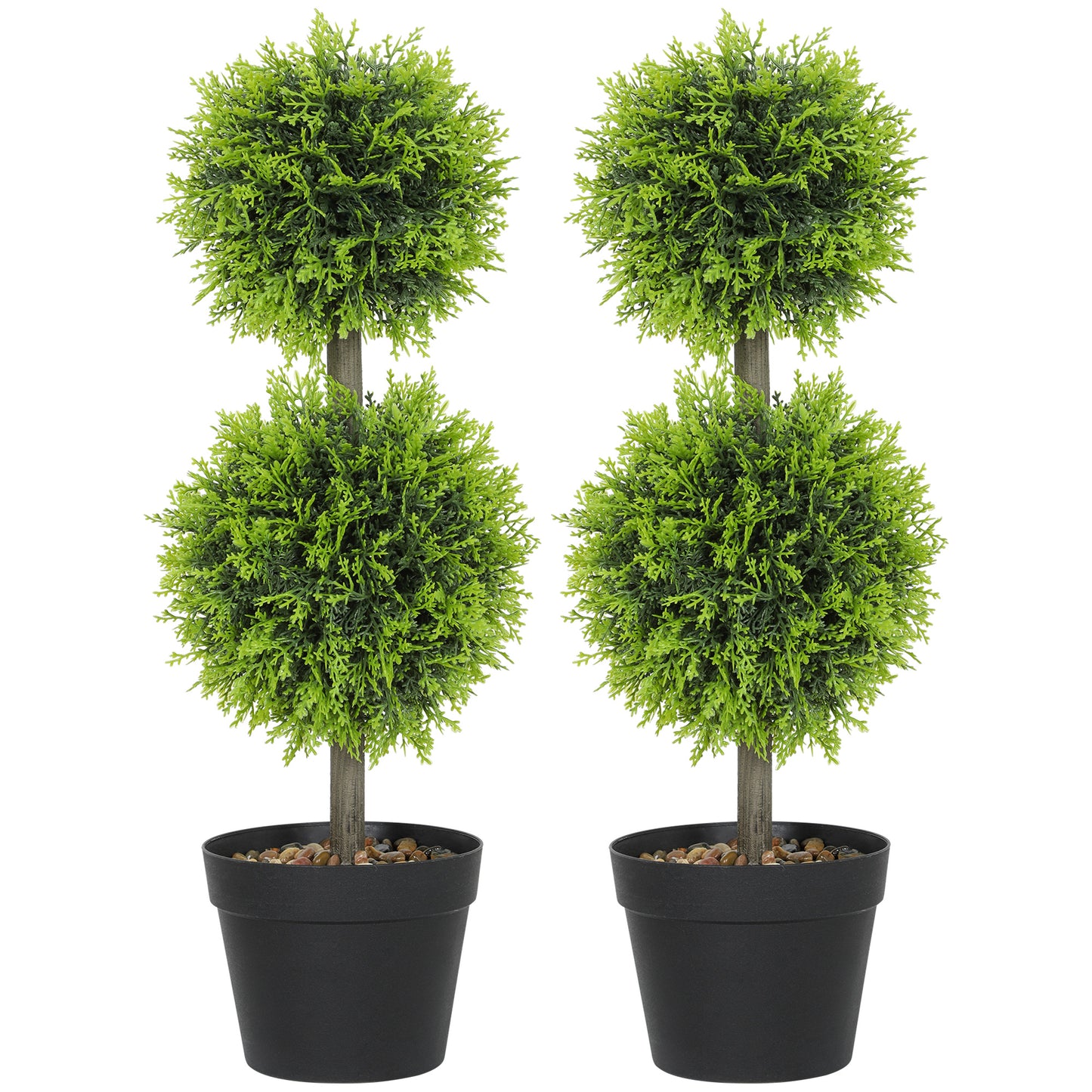 HOMCOM Set of 2 Decorative Artificial Plants, 60cm Faux Topiary Cypress Ball Trees with Pot and Pebbles, Fake Plants for Decor, Green