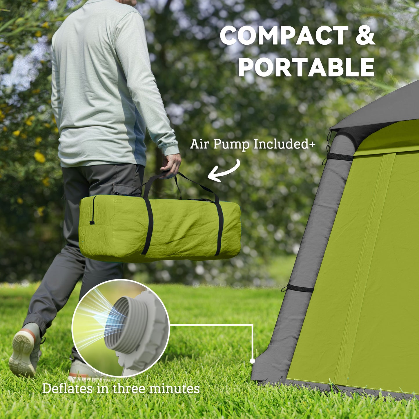 Outsunny Inflatable Camping Tent w/ Hand Pump, Easy Setup for 1-2 People, Waterproof & Windproof with Mesh Windows, Doors & Carry Bag, Green/Brown