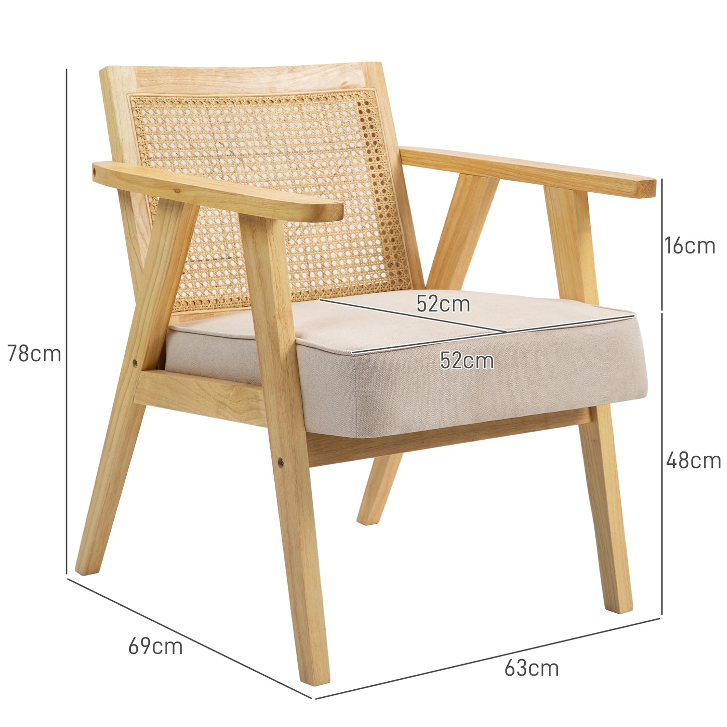 HOMCOM Bohemian Armchair, Fabric Seat, Rattan Back, Rubber Wood Frame, Natural Finish