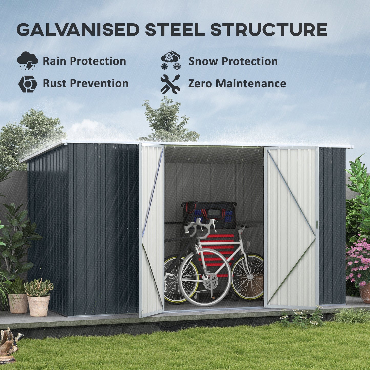 Outsunny 11x5.6ft Galvanised Steel Garden Shed with Lockable Doors and Gloves for Outdoor Patio, Garden Storage, Grey