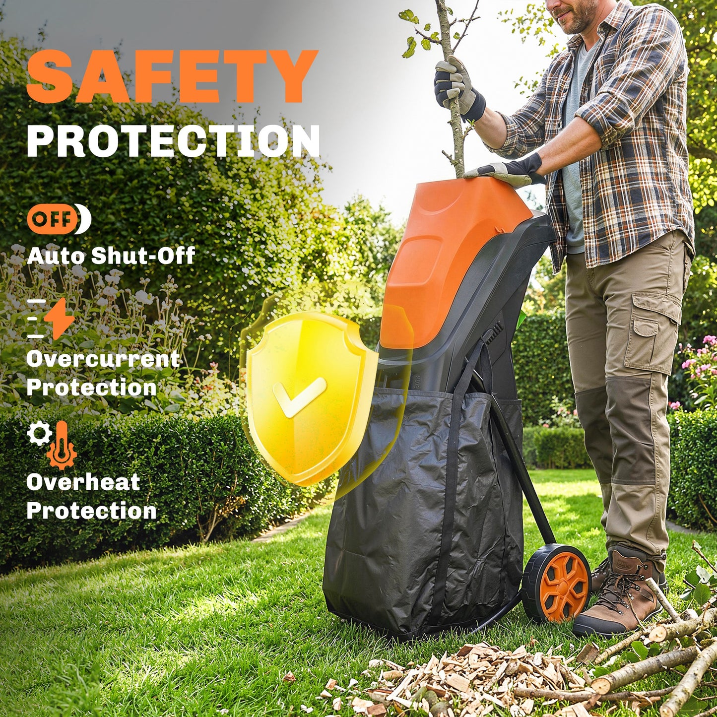 Outsunny 15-Amp Electric Wood Chipper, Corded Wood Mulcher Shredder with 45L Collection Bag, 4300RPM, 1.7" Cutting Diameter