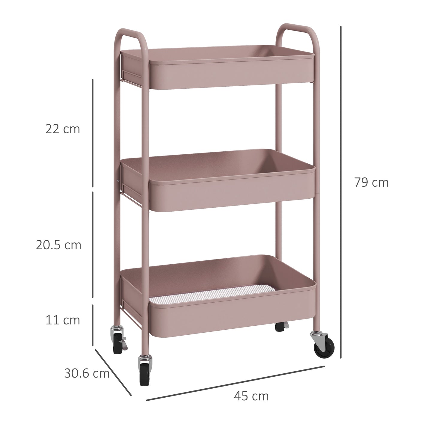 HOMCOM 3-tier Storage Trolley on Wheels, Metal Storage Cart, Rolling Ultility Cart with 3 Mesh Baskets for Living Room, Kitchen, Pink