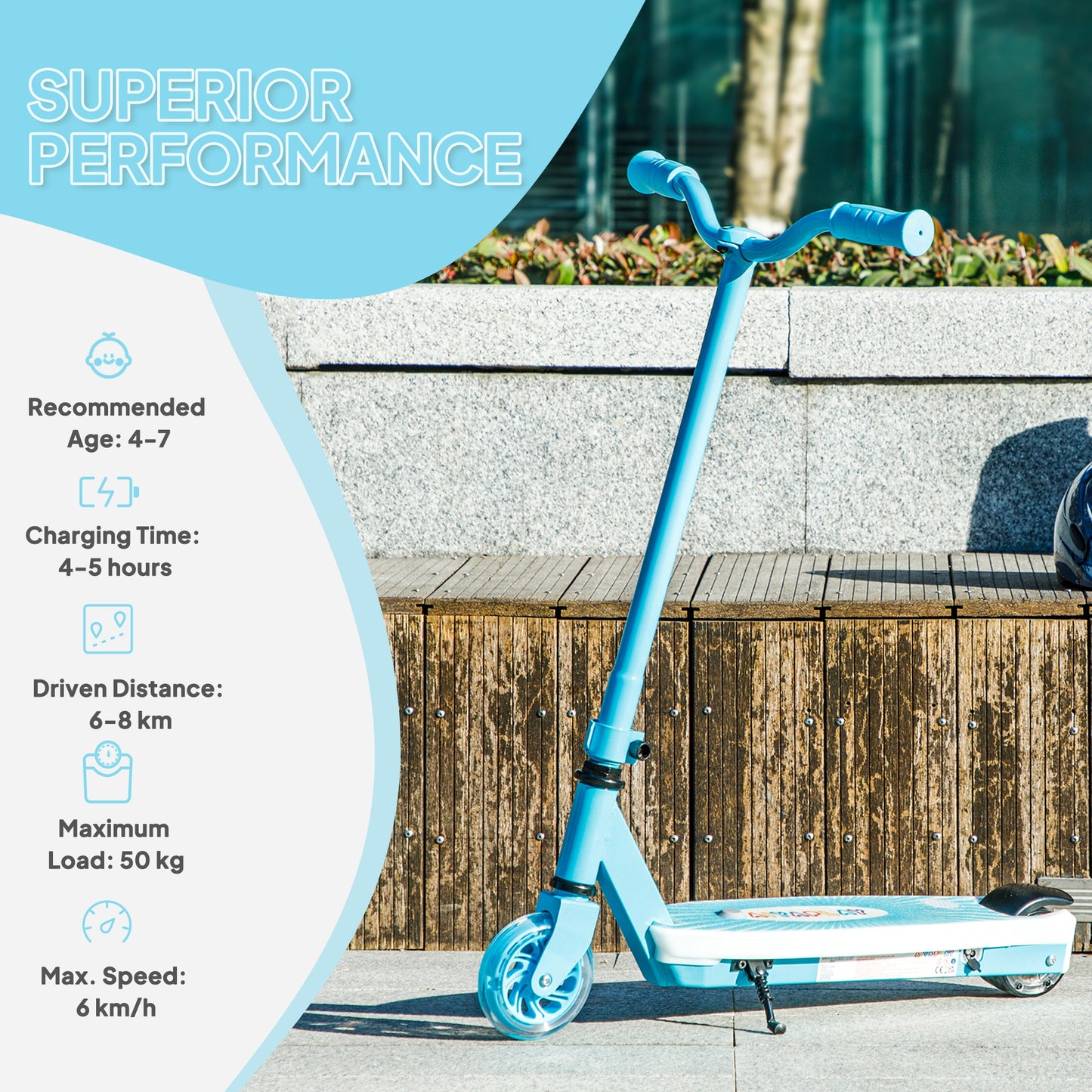 AIYAPLAY Electric Scooter for Kids Ages 4-7, Auxiliary Wheels, LED Light, Electric Brake, 6 KM/H, Blue