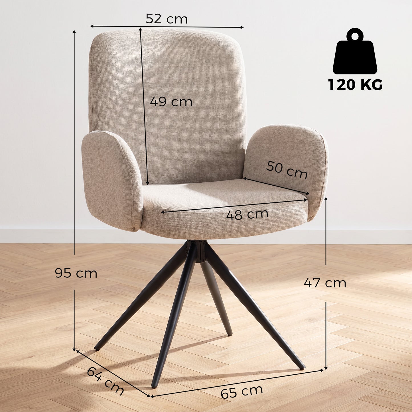 HOMCOM Swivel Accent Chair, Upholstered Linen-Look Armchair with Curved Backrest, Wrapped Armrests for Living Room, Light Brown