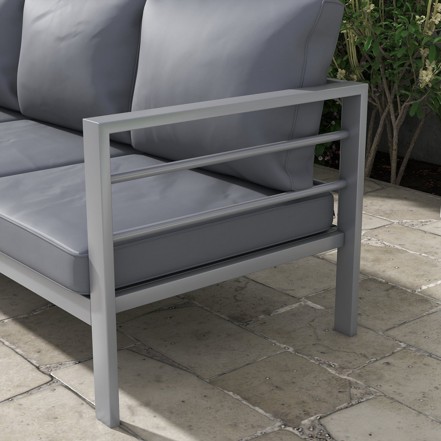 Outsunny Aluminium Three-Seater Garden Bench with Cushions - Grey