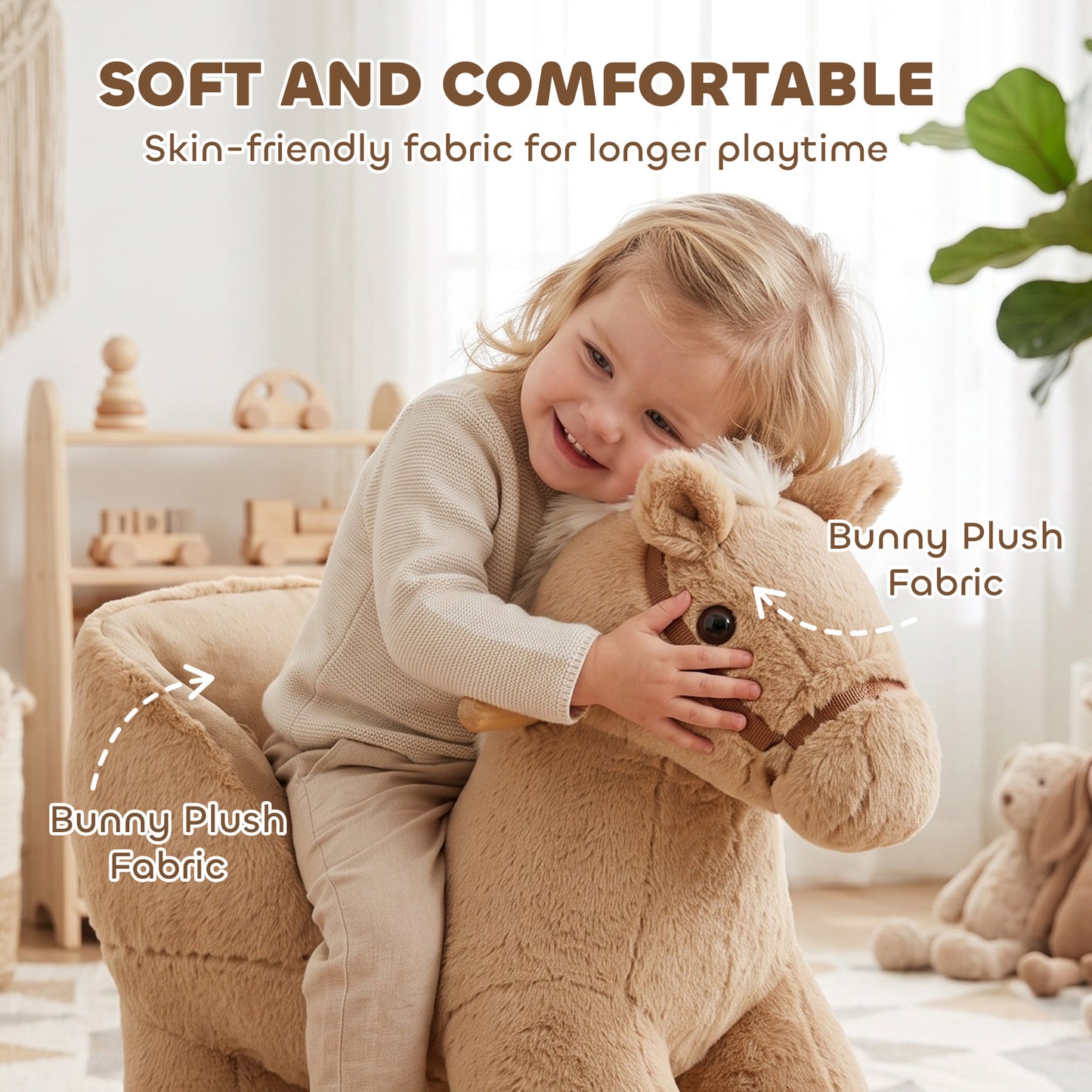 AIYAPLAY Kids Rocking Horse, Children Plush Ride On Animal Rocker w/Sound, Seat Belt, Wood Base Seat for Toddlers 18-36 M, Brown