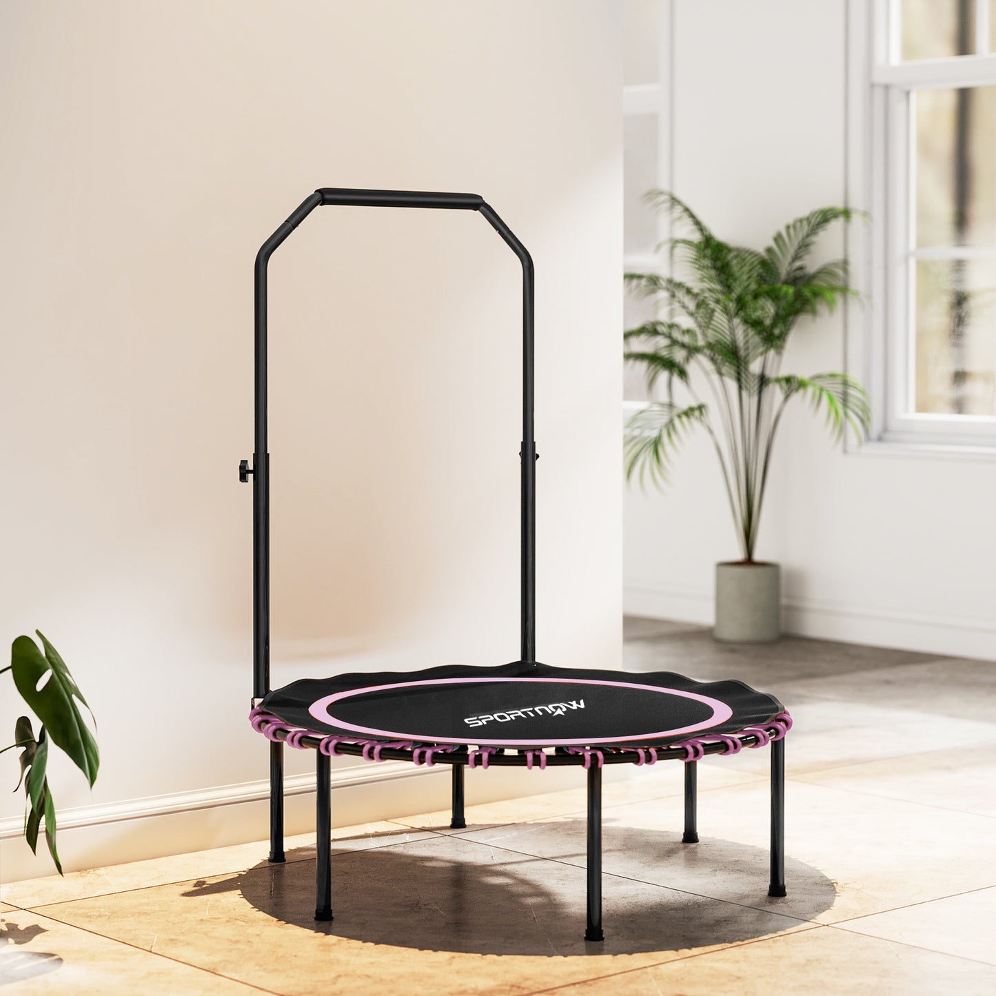 SPORTNOW 40'' Foldable Fitness Trampoline, Mini Bungee Rebounder with 5-Level Adjustable Handle for Adults, Indoor/Outdoor Exercise, Pink