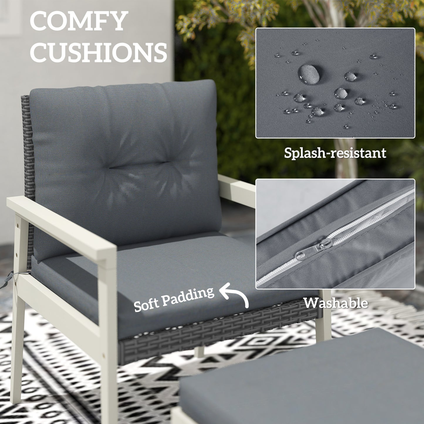 Outsunny 5-Piece Rattan Garden Furniture Set, Patio Conversation Set with Cushions, Wood Coffee Table & Footstools, Outdoor, Grey