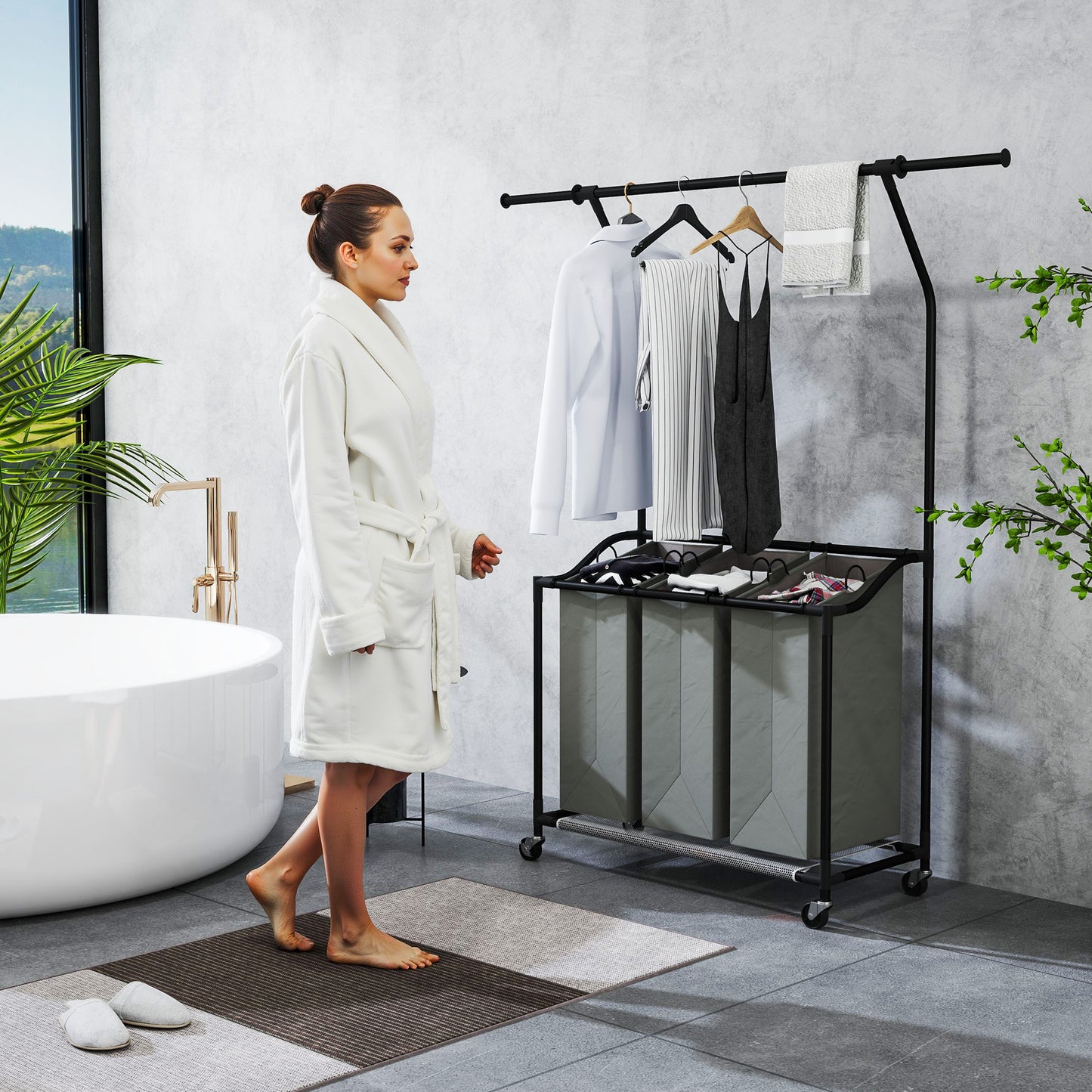 HOMCOM Laundry Sorter, Rolling Basket with Hanging Rail & 3-Bag Organizer for Bedroom/Bathroom, 88-149.5L x 40W x 167H cm, Dark Grey