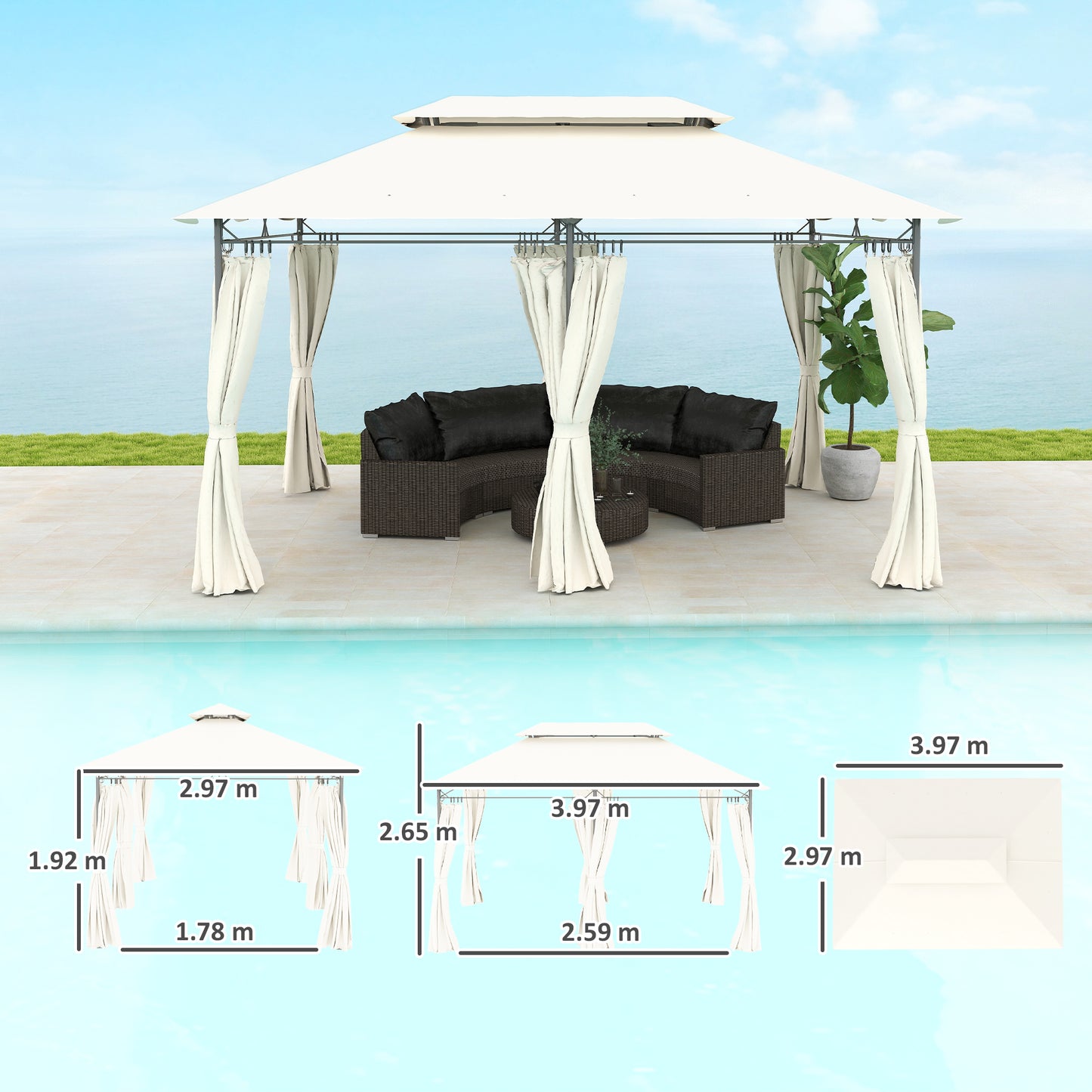Outsunny 3 x 4m Garden Gazebo with Sides, Double Roof Metal Gazebo, Outdoor Gazebo Canopy Shelter for Patio, Deck, Cream White