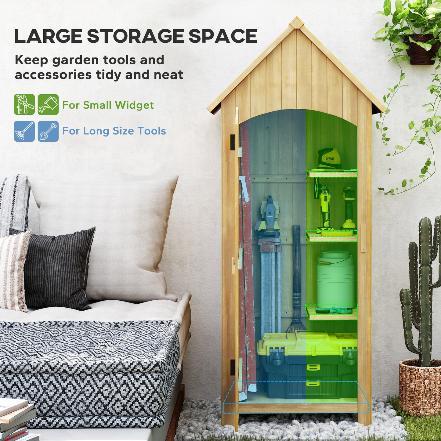 Outsunny Small Shed, Wooden Garden Storage with 3 Shelves, Outdoor Tool Cabinet with Tilt Roof & Lockable Door, 77.5x54.2x179.5 cm, Natural