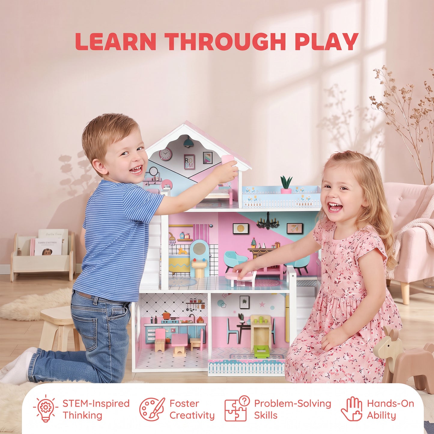 AIYAPLAY Wooden Dolls House, Large 3-Storey Modern Dollhouse with 10 Accessories, Pretend Play Toy Gift for Ages 3-6 Years, Pink