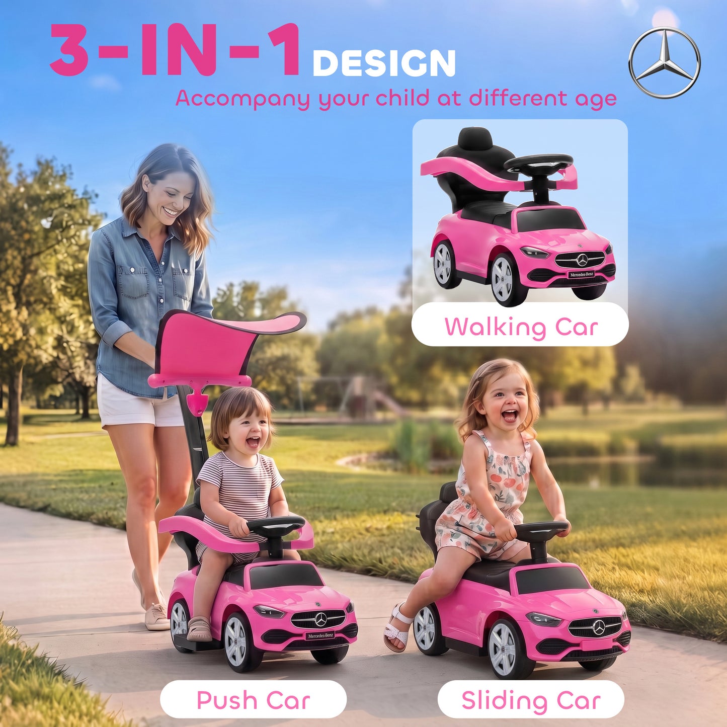 AIYAPLAY 4 in 1 Licensed Benz Ride on Push Car with Handle, Canopy, Guardrails, Horn, Music, Storage for 12-36 Months, Pink