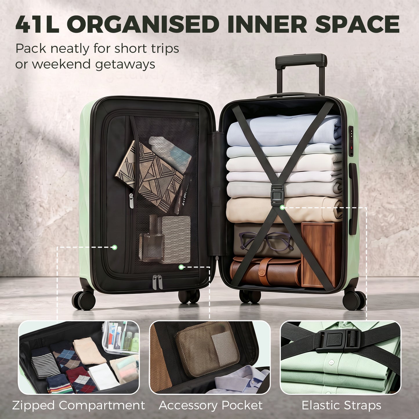HOMCOM 20Inch Suitcase, ABS Hard Shell Carry On Luggage with TSA Lock, Spinner Wheels, Telescopic Handle, Green