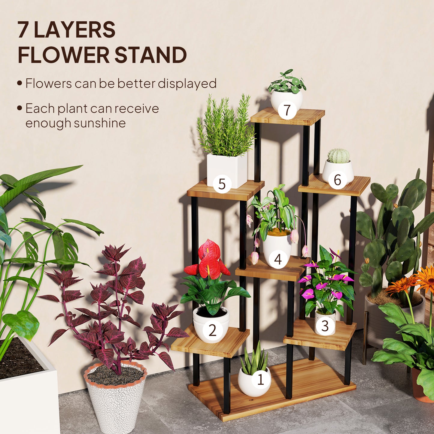 Outsunny Plant Stand: 7 Tier Indoor/Outdoor Corner Steel-Wood Shelf, Tall Display Rack for Multiple Plants, Carbonised Finish
