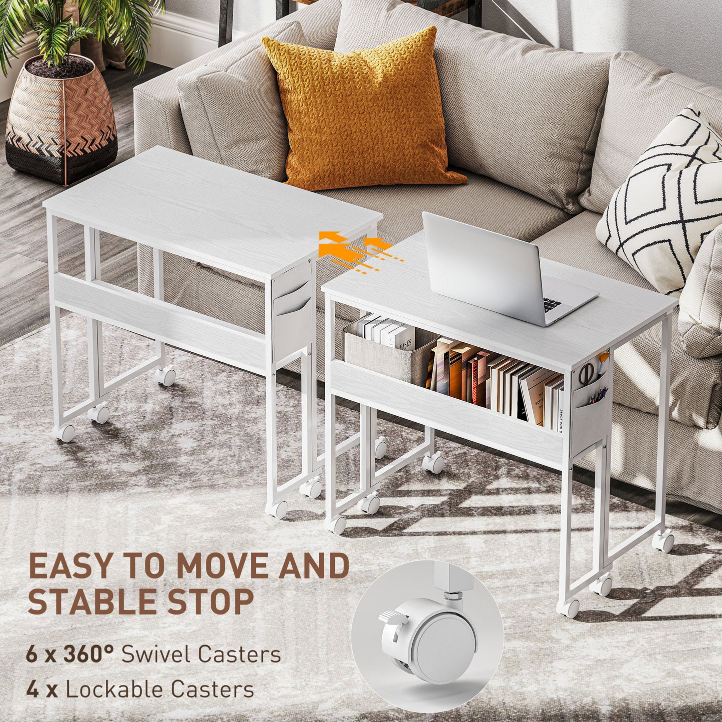 HOMCOM 80 cm Folding Desk with Storage Shelf and Drop Leaf on Wheels - White