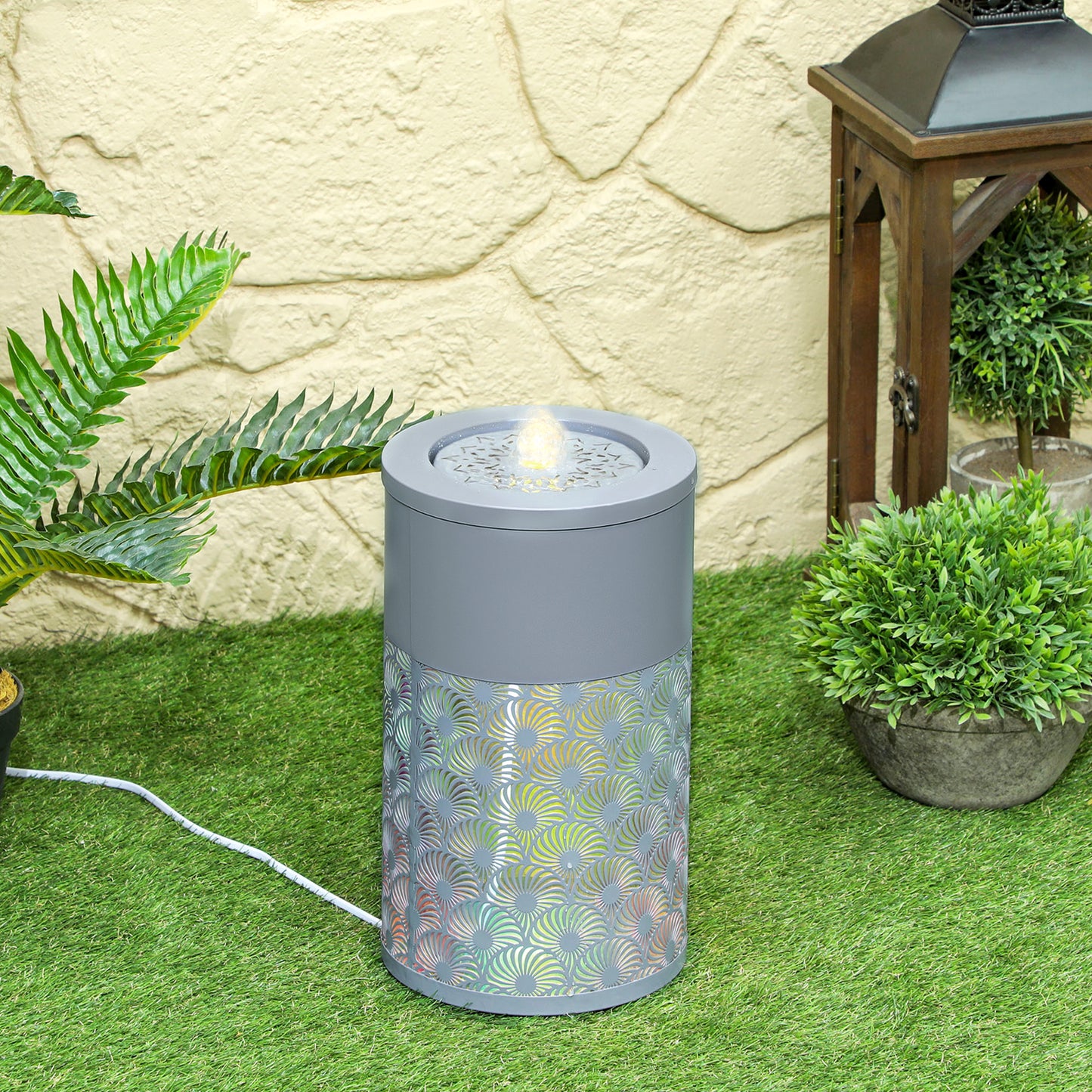 Outsunny Garden Waterfall Fountain with LED Lights and Pump, Adjustable Flow, Cut-out Design for Indoor/Outdoor Decor, Light Grey, 30 cm Tall