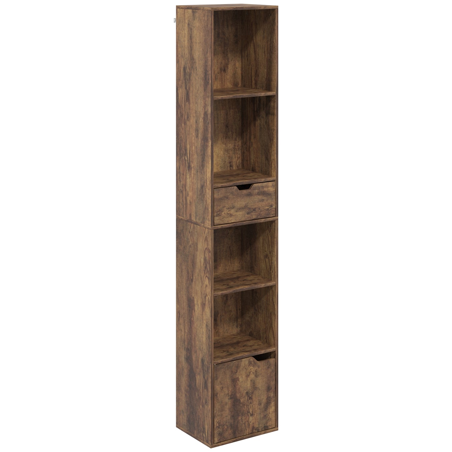 HOMCOM 6-Tier Bookcase, Tall Narrow Bookshelf with Drawer, Door, Adjustable Shelf for Living Room, Rustic Brown