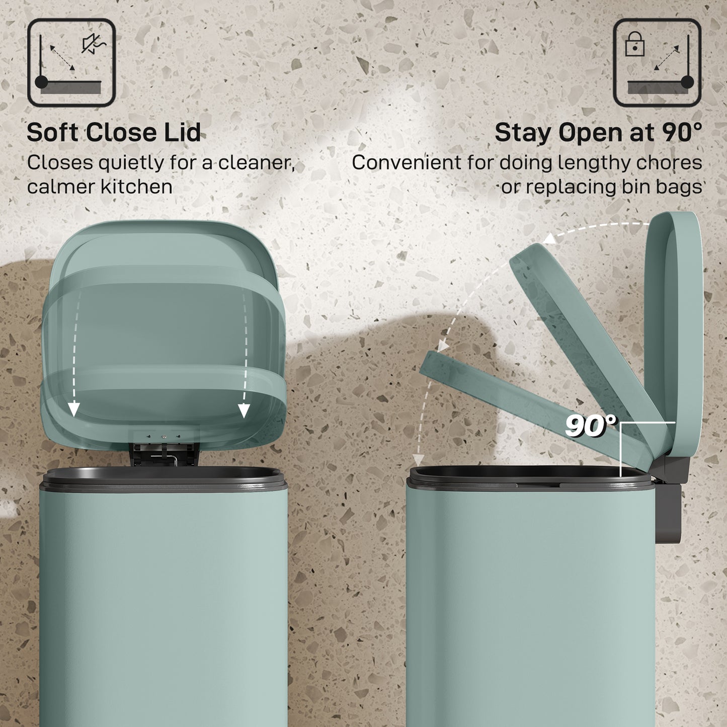 HOMCOM 30L Kitchen Bin, Compact Pedal Bin with Soft-Close and Stay-Open Lid, Removable Bucket for Kitchen, Home, Office, Green